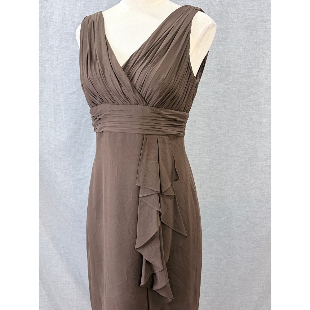Donna Morgan 100% Silk Ruched V-Neck Cascade Ruffle Dress Mocha 8
